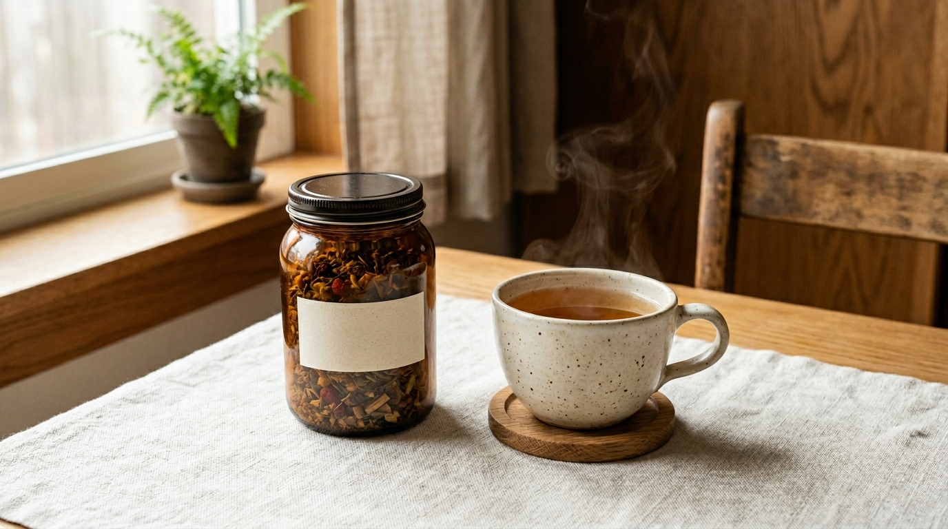 Bote de Calm Field Drift en ángulo junto a una taza de infusión